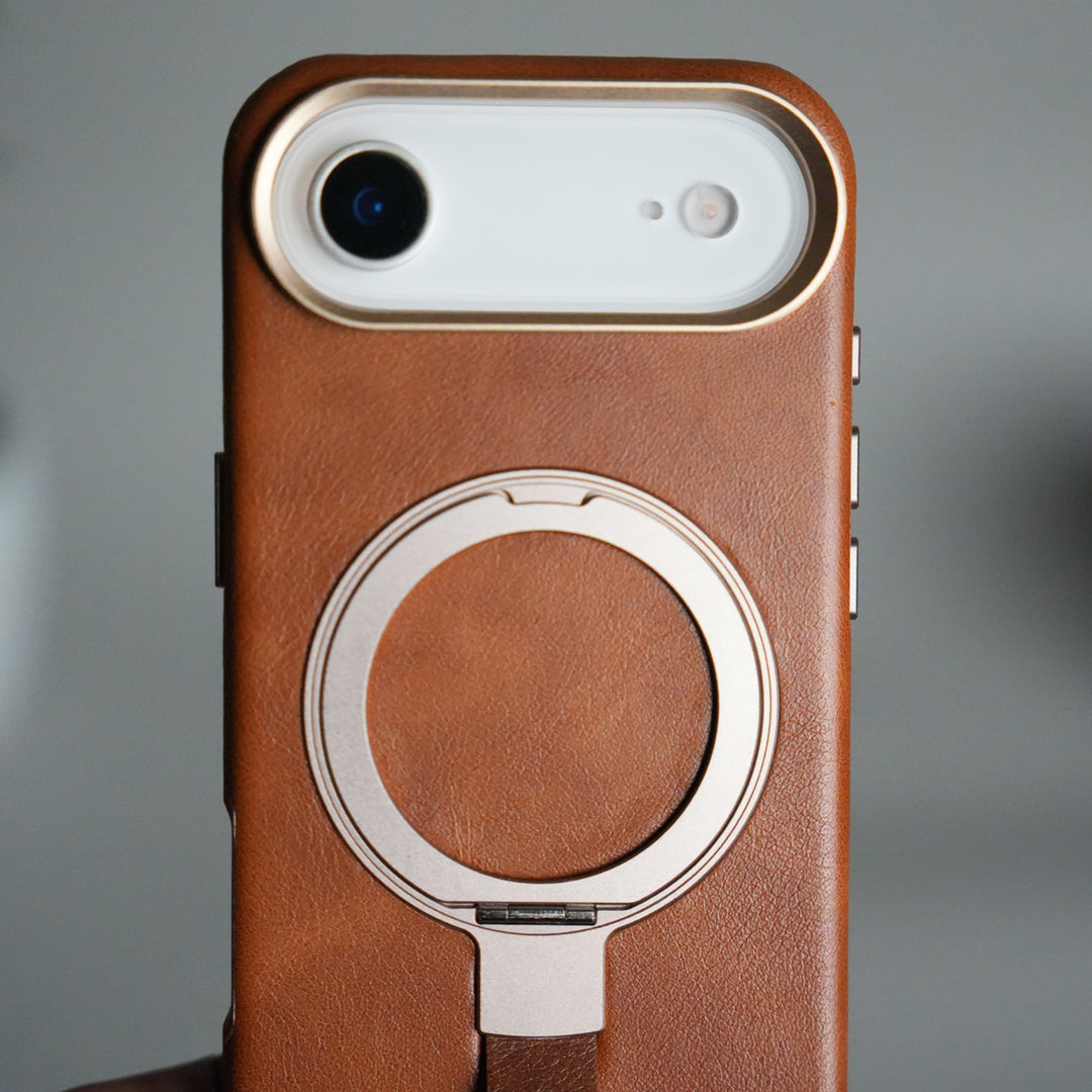 iPhone MagGrip Leather Case with Metal Ring – Premium Slim Shockproof Luxury Cover with Stand & Grip Support
