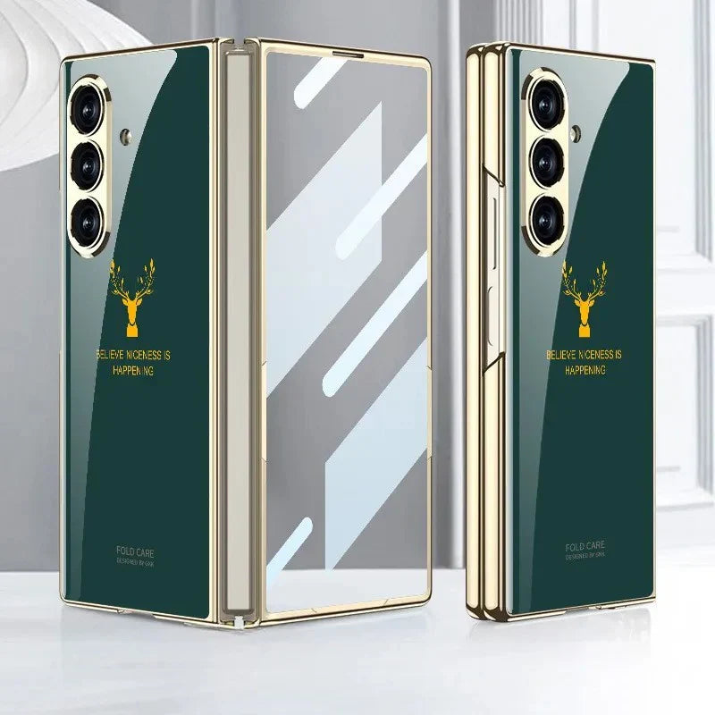 Samsung Galaxy Z Fold 7 Luxury Gold Edge Glass Case – Deer Design Magnetic Slim Fit Cover with Shockproof Protection