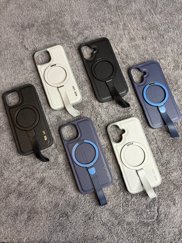 iPhone MagGrip Leather Case with Metal Ring – Premium Slim Shockproof Luxury Cover with Stand & Grip Support
