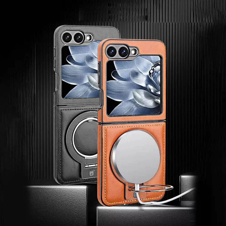Samsung Galaxy Z Flip Series Magno Pro Leather Bracket Case – Premium Leather Cover with Stand Holder, Hinge Protection & Shockproof Design