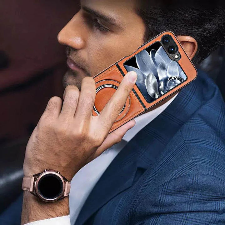 Samsung Galaxy Z Flip Series Magno Pro Leather Bracket Case – Premium Leather Cover with Stand Holder, Hinge Protection & Shockproof Design