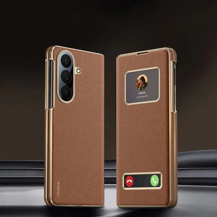 Samsung Galaxy Z Fold Series Prestige Smart Window Leather Case – Flip Cover with View Window, Hinge Protection & Premium Finish