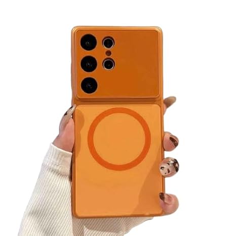 Samsung Galaxy S25 Ultra AG Matte Glass Magnetic Case – Big Camera Window Slim Shockproof Wireless Charging Cover (Orange)