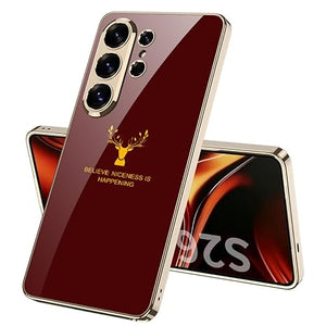 Samsung Galaxy S26 Ultra 9H Plated Glass Designer Case – Ultra Hybrid Shockproof Slim Premium Protective Cover (2026) (Red, Green, Black Deer)(Lion)