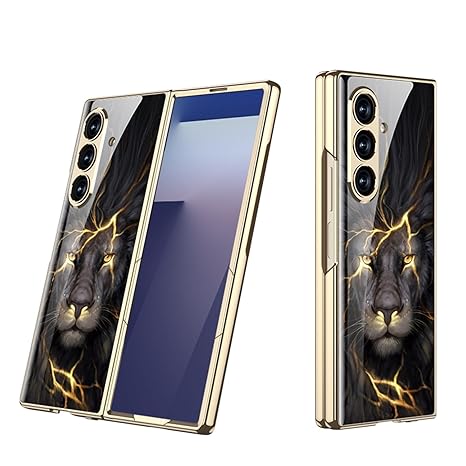 Samsung Galaxy Z Fold 7 Luxury Gold Edge Glass Case – Lion Design Magnetic Slim Fit Cover with Shockproof Protection