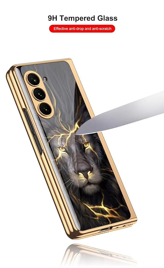 Samsung Galaxy Z Fold 7 Luxury Gold Edge Glass Case – Lion Design Magnetic Slim Fit Cover with Shockproof Protection