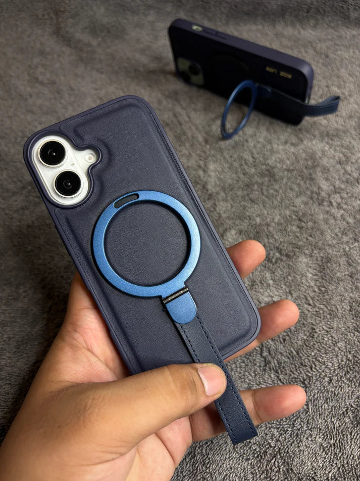 iPhone MagGrip Leather Case with Metal Ring – Premium Slim Shockproof Luxury Cover with Stand & Grip Support