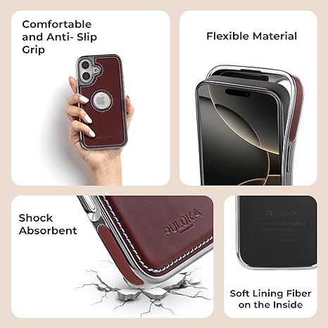 PULOKA Chrome Leather Back Case for iPhone 17 – Black Luxury Bumper Cover with Camera Protection