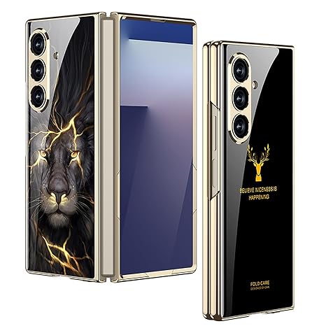 Samsung Galaxy Z Fold 7 Luxury Gold Edge Glass Case – Lion Design Magnetic Slim Fit Cover with Shockproof Protection
