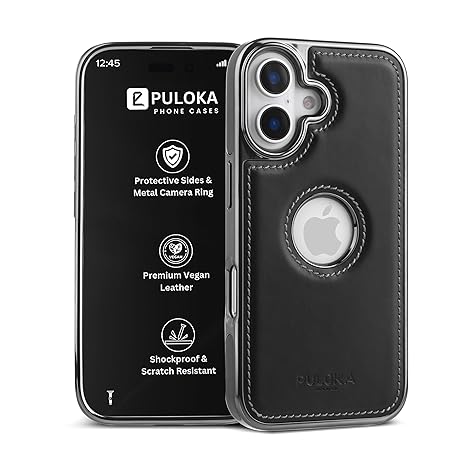 PULOKA Chrome Leather Back Case for iPhone 17 – Black Luxury Bumper Cover with Camera Protection