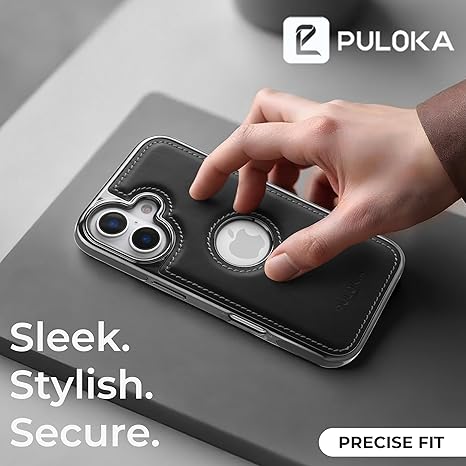 PULOKA Chrome Leather Back Case for iPhone 17 – Black Luxury Bumper Cover with Camera Protection
