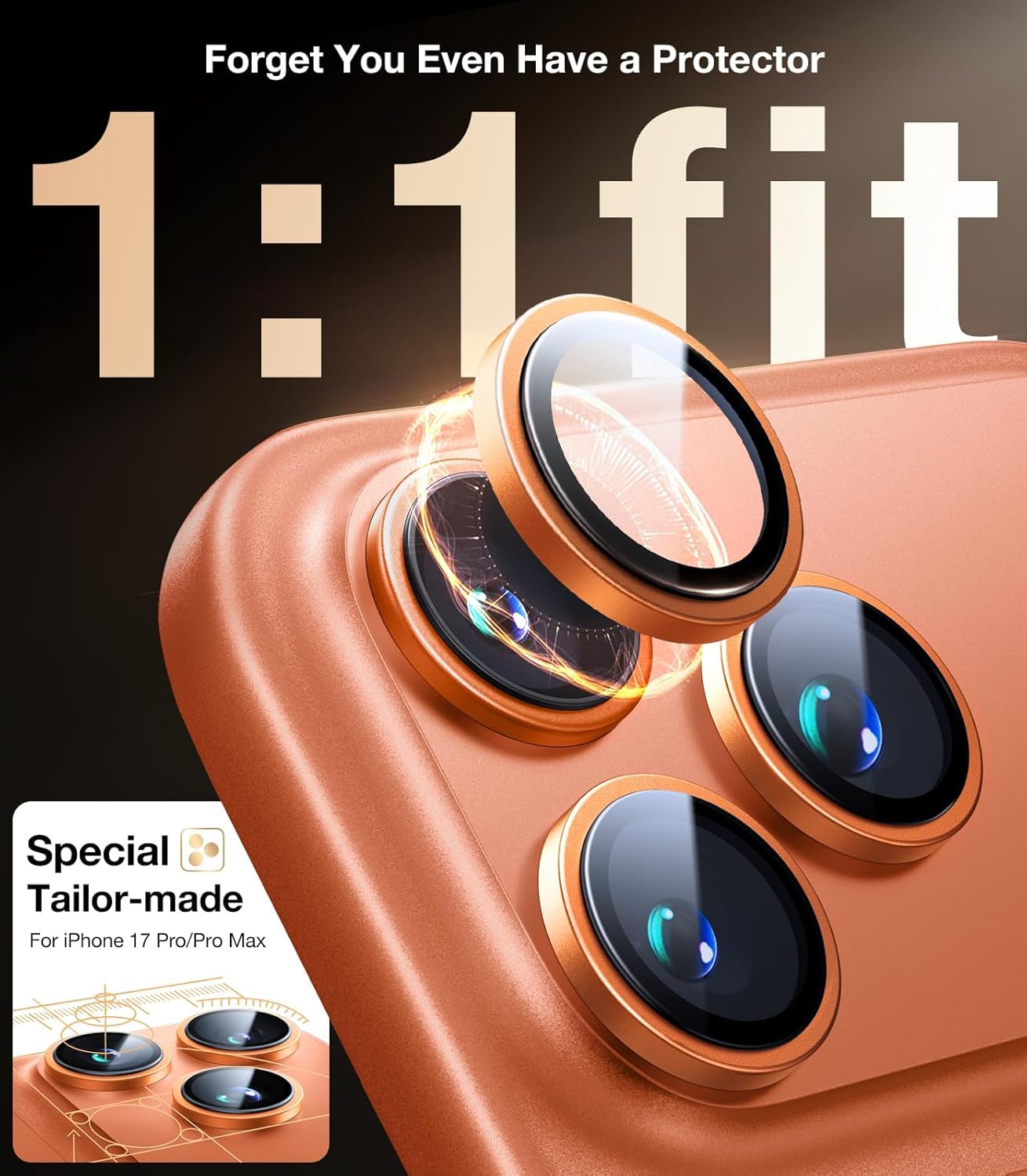 Mr.Shield 3D Camera Lens Protector Ring for iPhone 17 Pro Max & 17 Pro – 9H Tempered Glass, 1:1 Fit, Original Lens Design, Easy Install – Cosmic Orange
