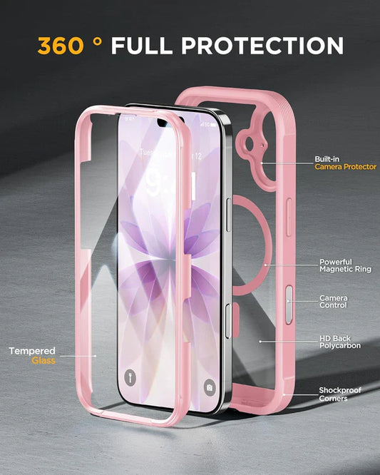 iPhone 17 360° Full Protection Case (Pink) with Built-in Screen Protector & Camera Protection – Shockproof Front + Back Cover