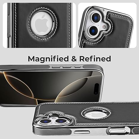 PULOKA Chrome Leather Back Case for iPhone 17 – Black Luxury Bumper Cover with Camera Protection