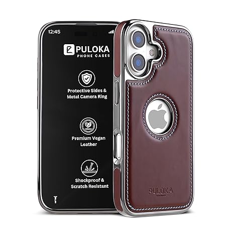PULOKA Chrome Leather Back Case for iPhone 17 – Black Luxury Bumper Cover with Camera Protection