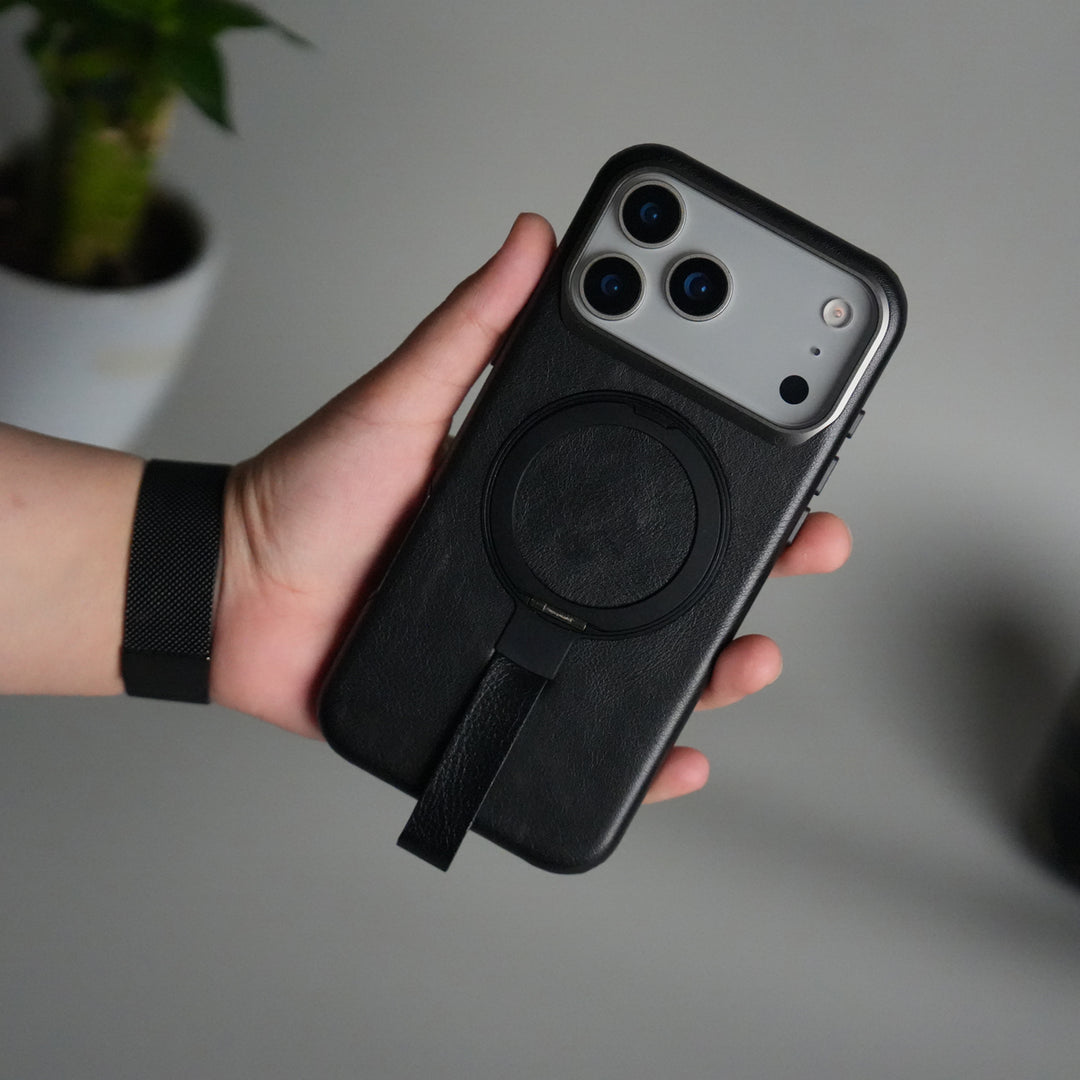 iPhone MagGrip Leather Case with Metal Ring – Premium Slim Shockproof Luxury Cover with Stand & Grip Support