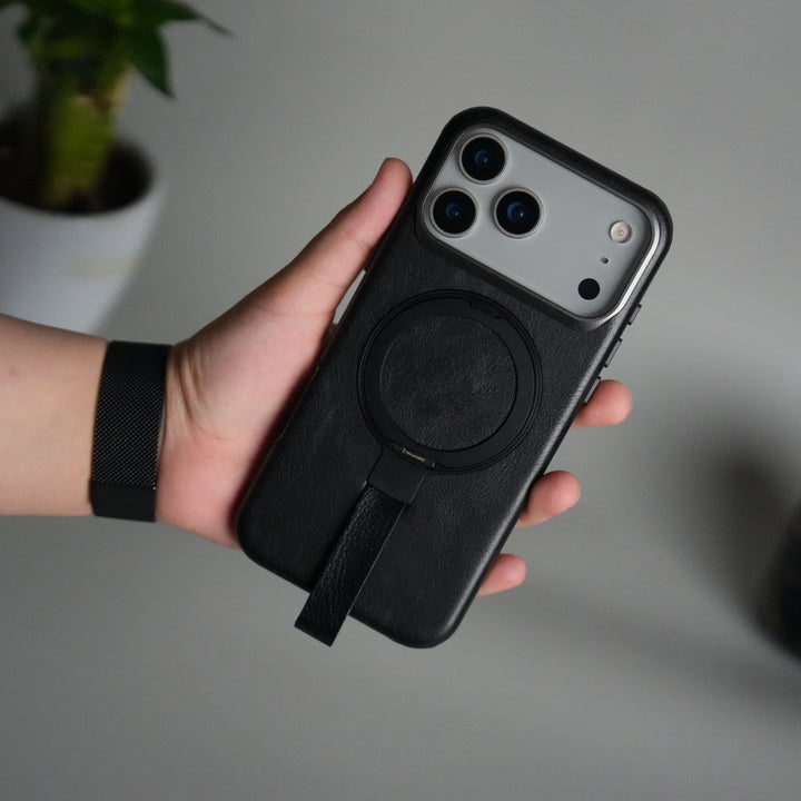 iPhone MagGrip Leather Case with Metal Ring – Premium Slim Shockproof Luxury Cover with Stand & Grip Support