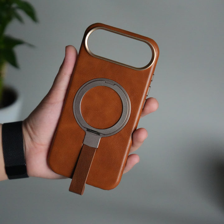 iPhone MagGrip Leather Case with Metal Ring – Premium Slim Shockproof Luxury Cover with Stand & Grip Support