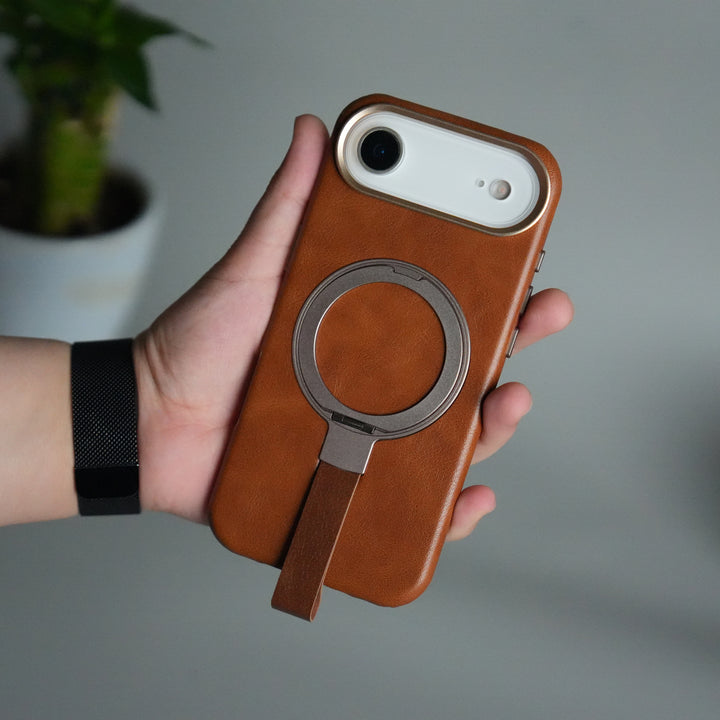 iPhone MagGrip Leather Case with Metal Ring – Premium Slim Shockproof Luxury Cover with Stand & Grip Support