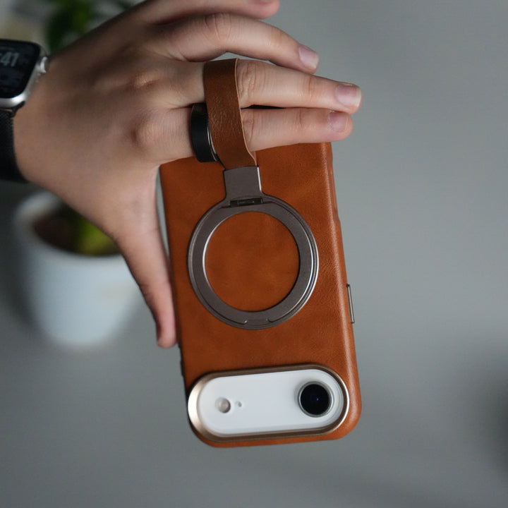 iPhone MagGrip Leather Case with Metal Ring – Premium Slim Shockproof Luxury Cover with Stand & Grip Support
