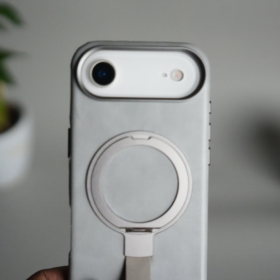 iPhone MagGrip Leather Case with Metal Ring – Premium Slim Shockproof Luxury Cover with Stand & Grip Support