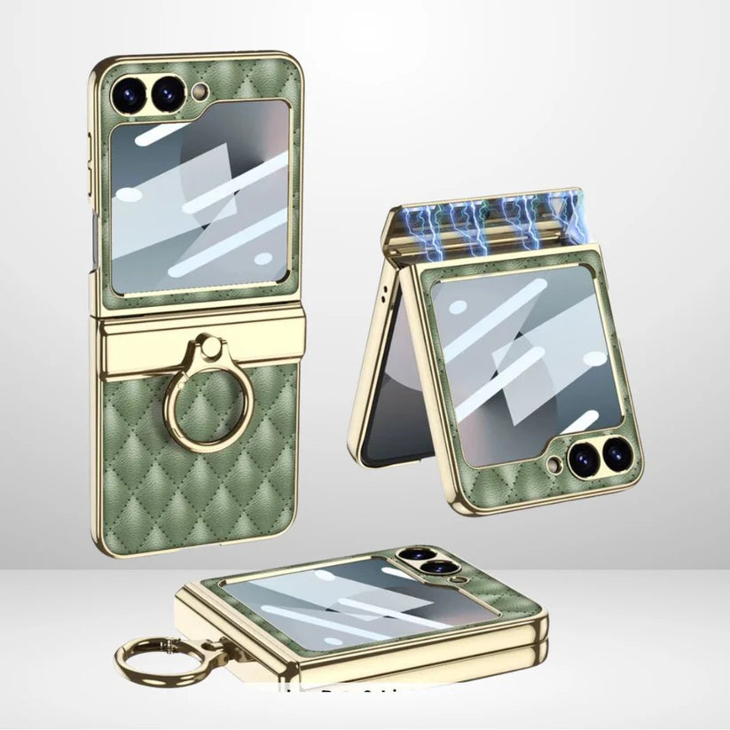 Samsung Galaxy Z Flip 6 GKK Cushion Leather Case – Magnetic Hinge Protection, Ring Holder & Back Screen Glass Cover