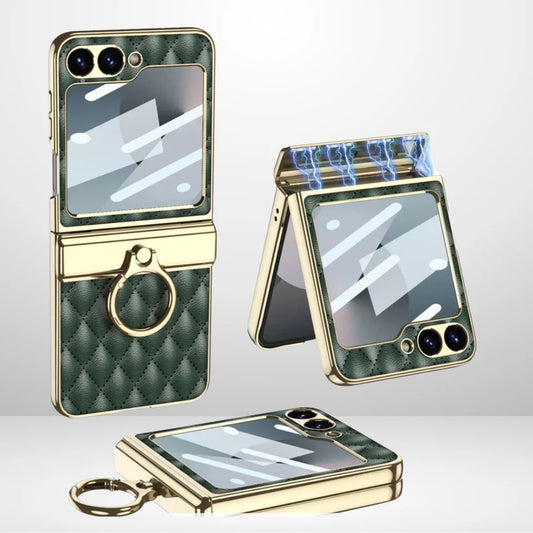Samsung Galaxy Z Flip 6 GKK Cushion Leather Case – Magnetic Hinge Protection, Ring Holder & Back Screen Glass Cover