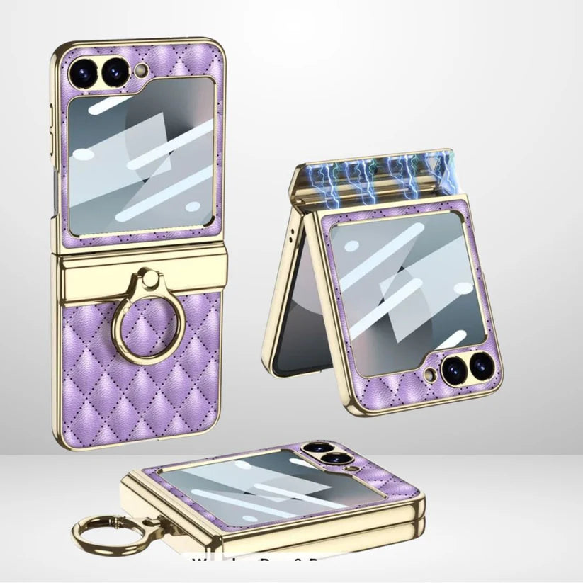 Samsung Galaxy Z Flip 6 GKK Cushion Leather Case – Magnetic Hinge Protection, Ring Holder & Back Screen Glass Cover