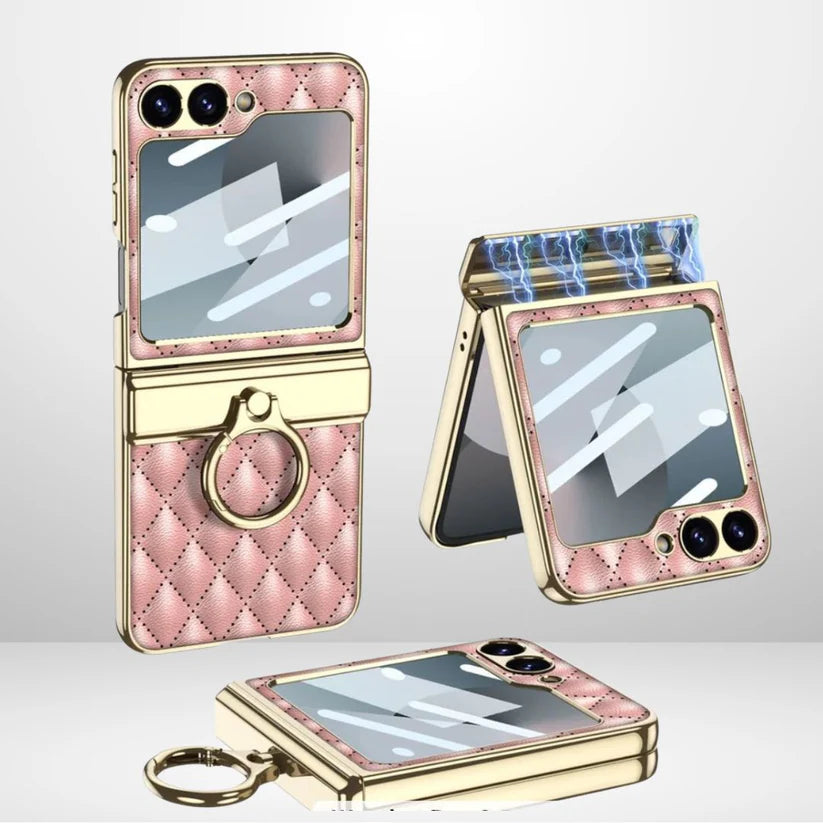 Samsung Galaxy Z Flip 6 GKK Cushion Leather Case – Magnetic Hinge Protection, Ring Holder & Back Screen Glass Cover