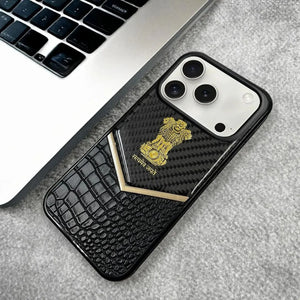 iPhone 17 Pro Max Satya Mev Jayate Premium Case – Luxury Carbon Fiber Design with Gold Accents & Shockproof Protection