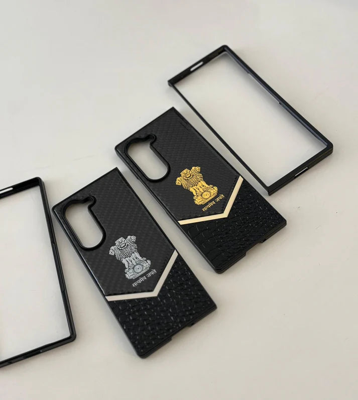 Samsung Galaxy Z Fold 7 “Satyamev Jayate” Croc Texture Carbon Pattern Case – Premium Printed Logo Cover with Shockproof Protection