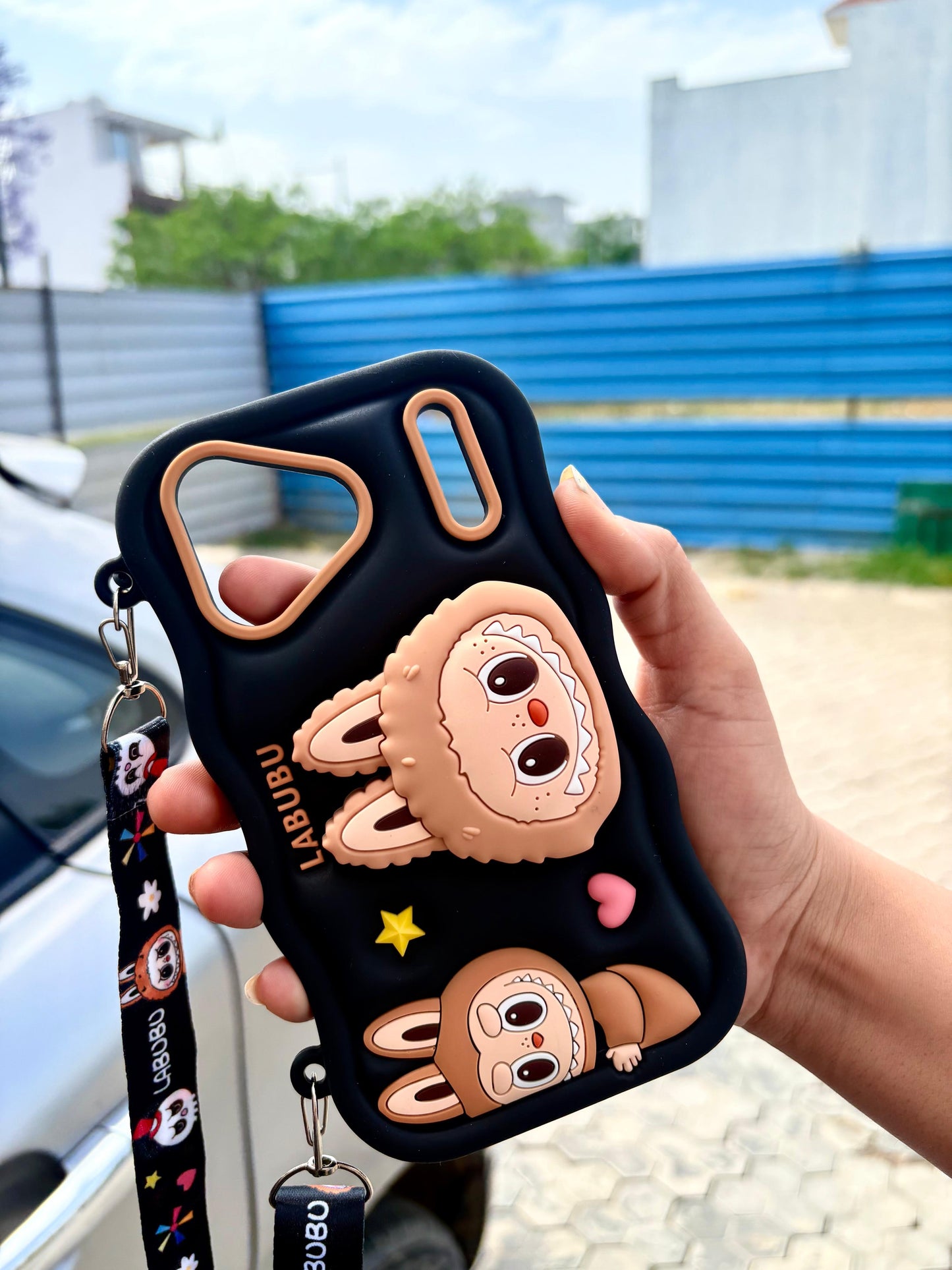 Clothemyphone Labubu Pop-Up Silicone Case for iPhone 17 Pro Max – Black Shockproof Cover with Stand