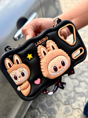 Clothemyphone Labubu Pop-Up Silicone Case for iPhone 17 Pro Max – Black Shockproof Cover with Stand