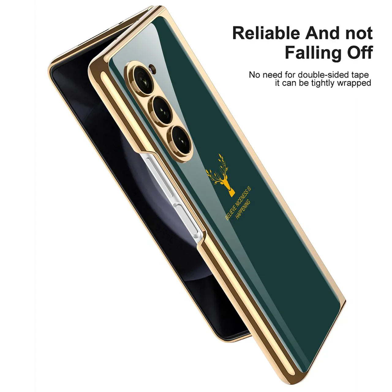 Samsung Galaxy Z Fold 7 Luxury Gold Edge Glass Case – Deer  Design Magnetic Slim Fit Cover with Shockproof Protection