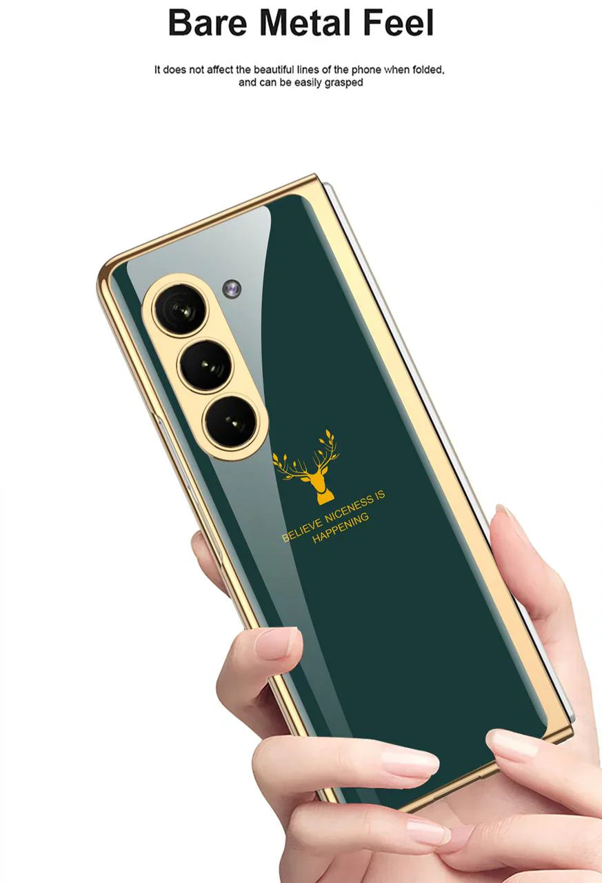 Samsung Galaxy Z Fold 7 Luxury Gold Edge Glass Case – Deer  Design Magnetic Slim Fit Cover with Shockproof Protection