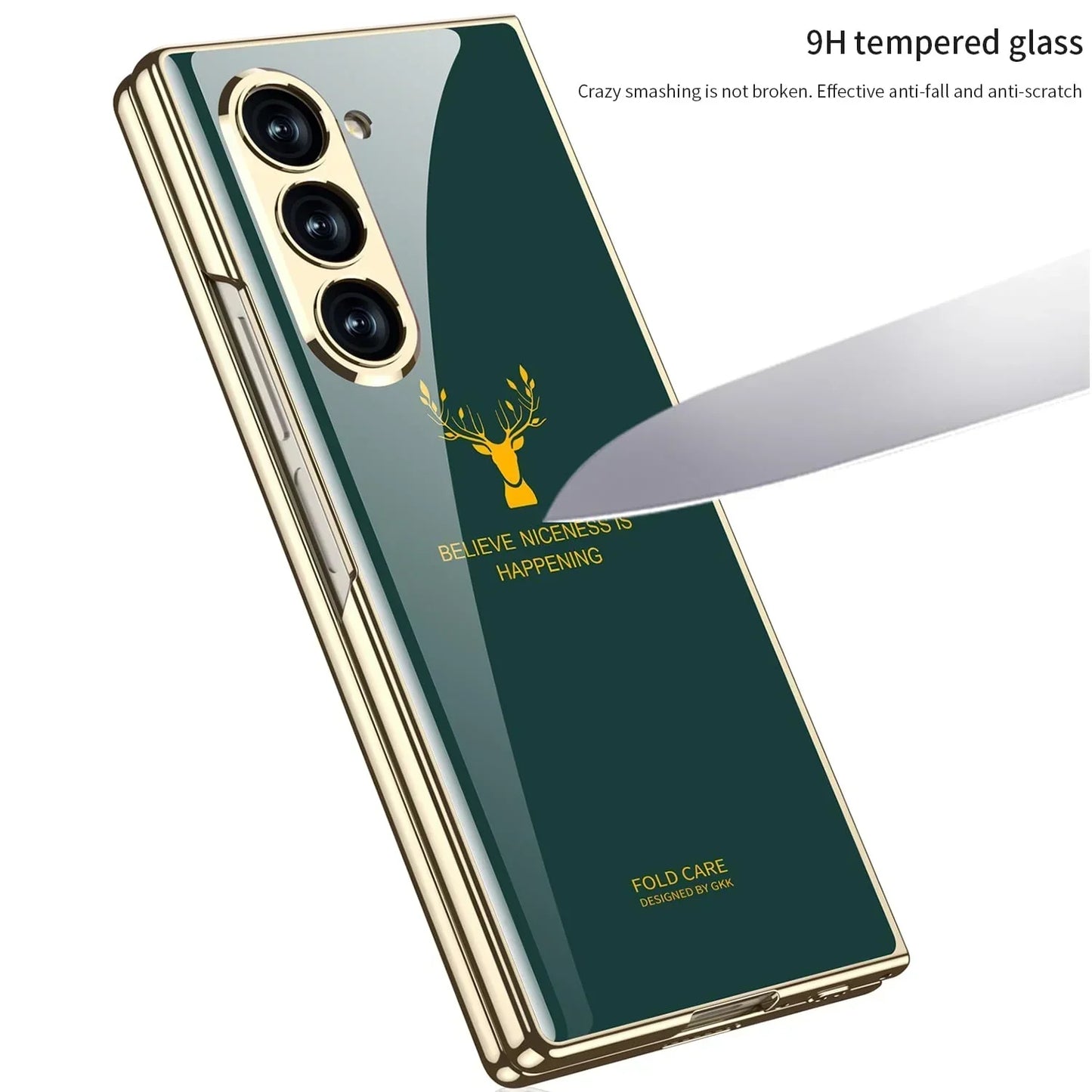 Samsung Galaxy Z Fold 7 Luxury Gold Edge Glass Case – Deer  Design Magnetic Slim Fit Cover with Shockproof Protection