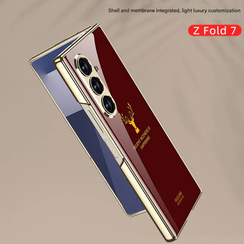 Samsung Galaxy Z Fold 7 Luxury Gold Edge Glass Case – Deer  Design Magnetic Slim Fit Cover with Shockproof Protection