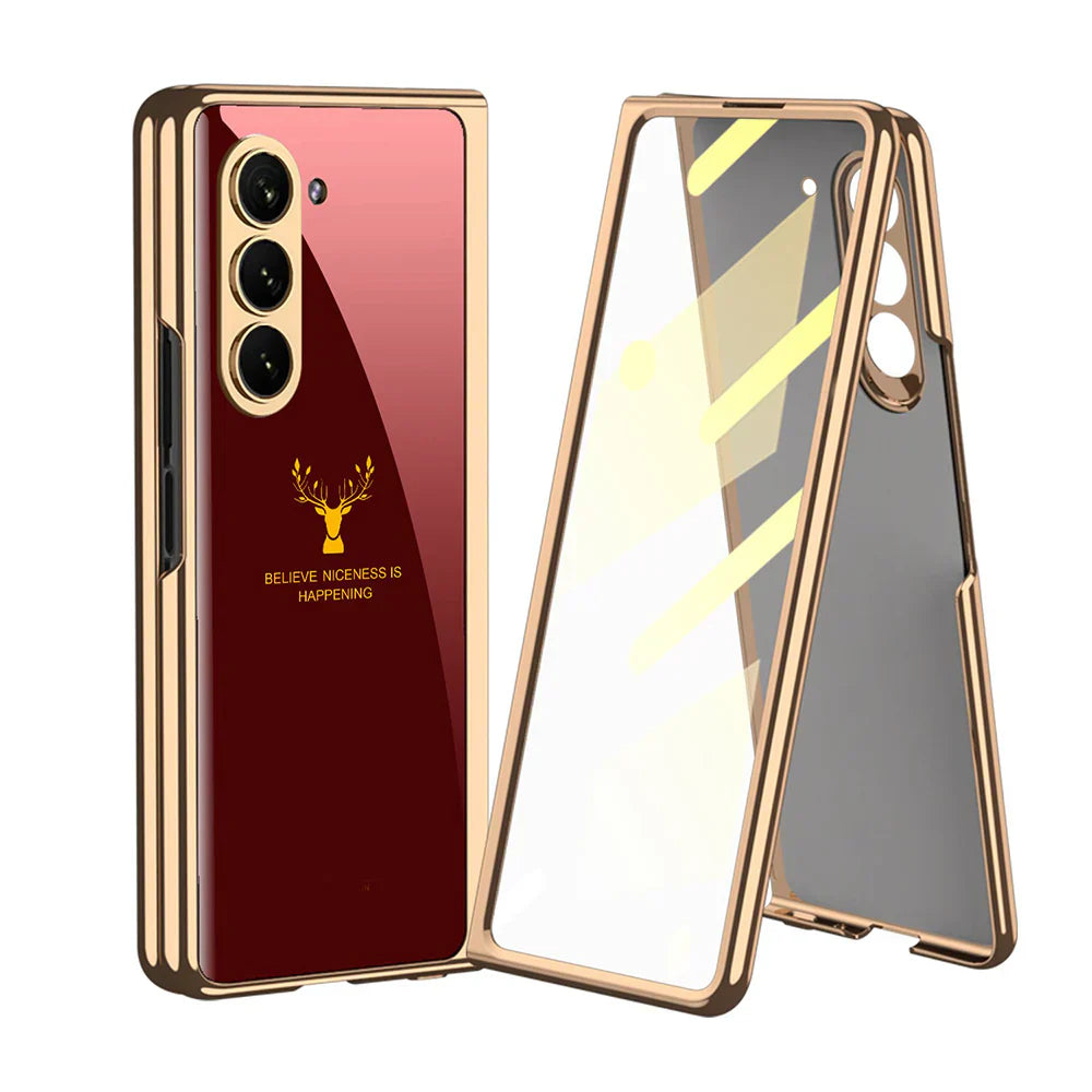 Samsung Galaxy Z Fold 7 Luxury Gold Edge Glass Case – Deer  Design Magnetic Slim Fit Cover with Shockproof Protection