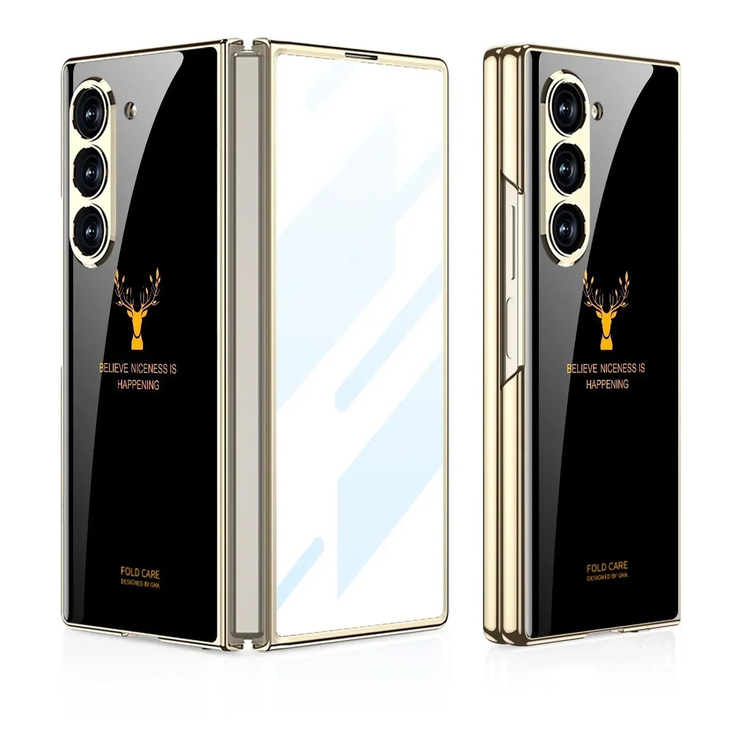 Samsung Galaxy Z Fold 7 Luxury Gold Edge Glass Case – Deer  Design Magnetic Slim Fit Cover with Shockproof Protection