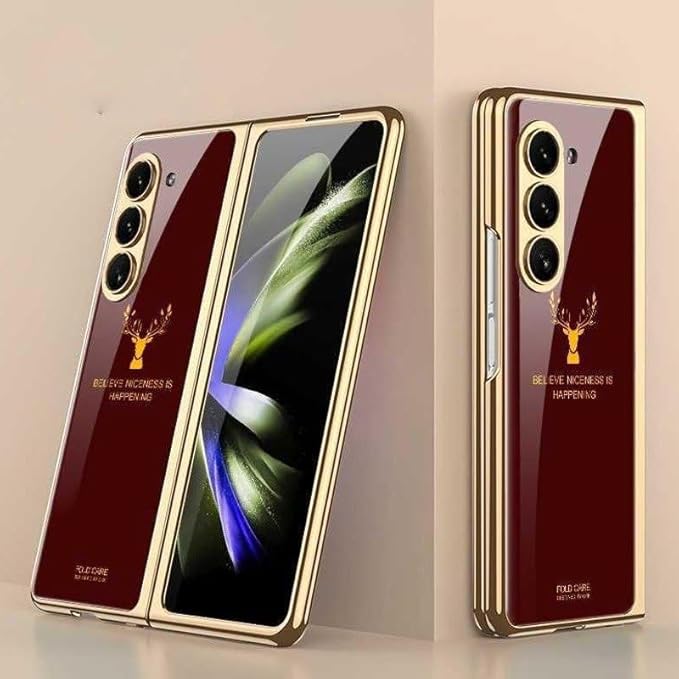 Samsung Galaxy Z Fold 7 Luxury Gold Edge Glass Case – Deer  Design Magnetic Slim Fit Cover with Shockproof Protection