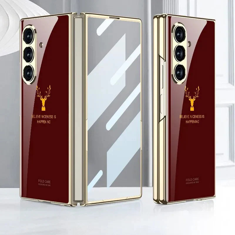 Samsung Galaxy Z Fold 7 Luxury Gold Edge Glass Case – Deer  Design Magnetic Slim Fit Cover with Shockproof Protection
