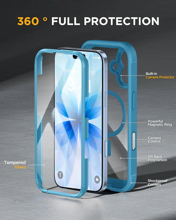 iPhone 17 360° Full Protection Case (Blue) with Built-in Screen Protector & Camera Protection – Shockproof Front + Back Cover