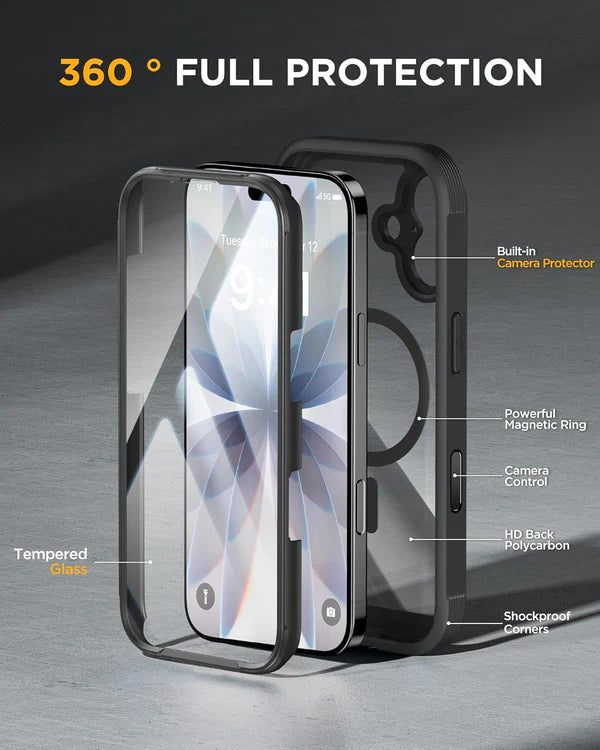 iPhone 17 360° Full Protection Case with Built-in Screen Protector & Camera Protection – Shockproof Front + Back Cover (Black)