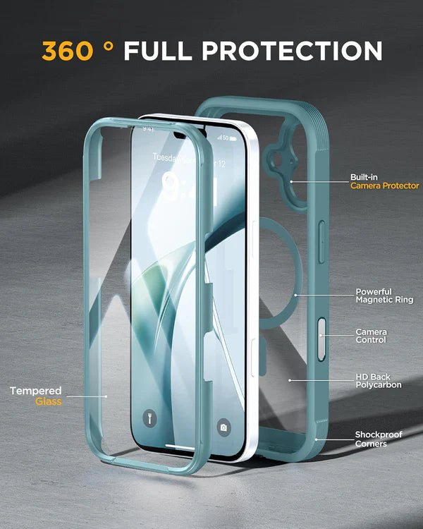 iPhone 17 360° Full Protection Case (Green) with Built-in Screen Protector & Camera Protection – Shockproof Front + Back Cover