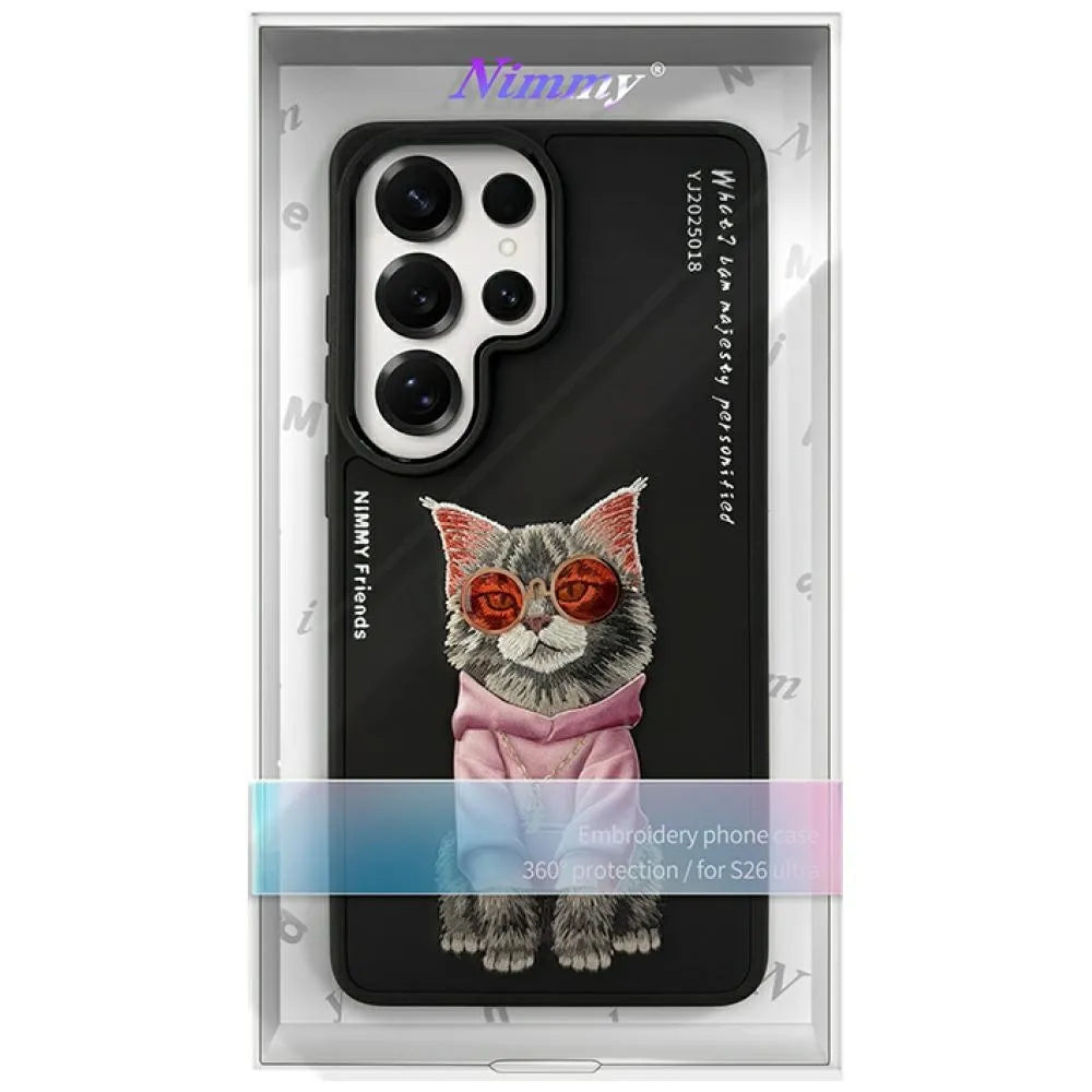 Nimmy Cool Cat Glasses Designer Case for Samsung Galaxy S26 Ultra – Black Cartoon Cover with Shockproof Protection & Anti-Slip Grip
