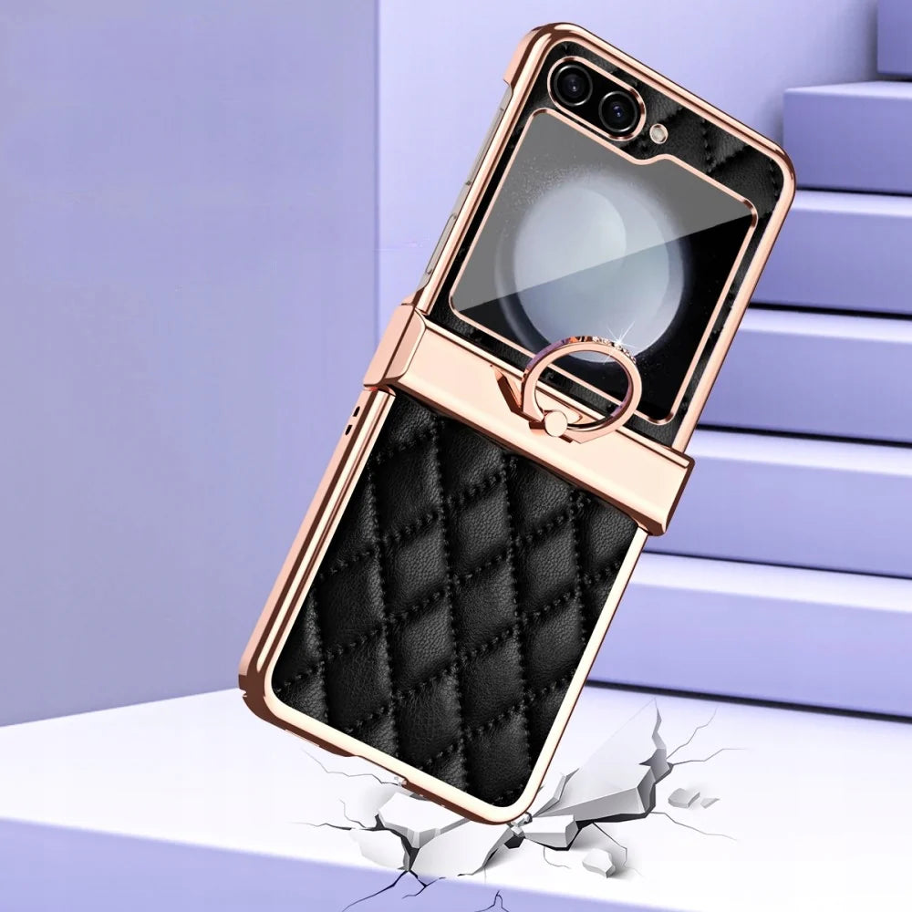 Samsung Galaxy Z Flip 6 GKK Cushion Leather Case – Magnetic Hinge Protection, Ring Holder & Back Screen Glass Cover
