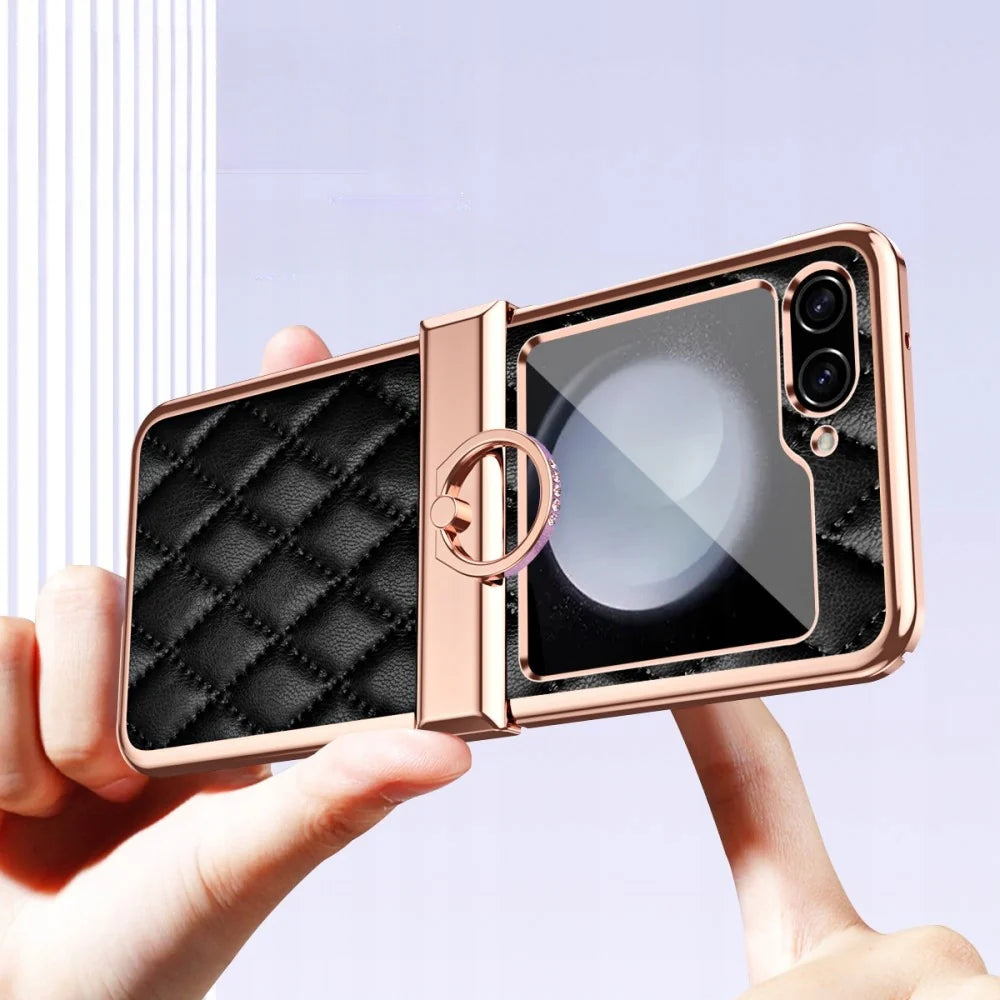 Samsung Galaxy Z Flip 6 GKK Cushion Leather Case – Magnetic Hinge Protection, Ring Holder & Back Screen Glass Cover