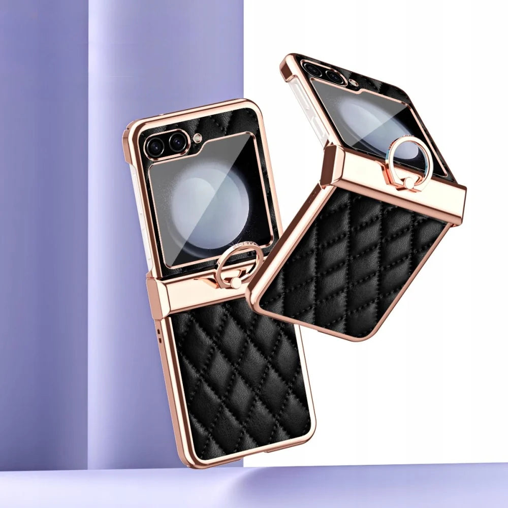 Samsung Galaxy Z Flip 6 GKK Cushion Leather Case – Magnetic Hinge Protection, Ring Holder & Back Screen Glass Cover