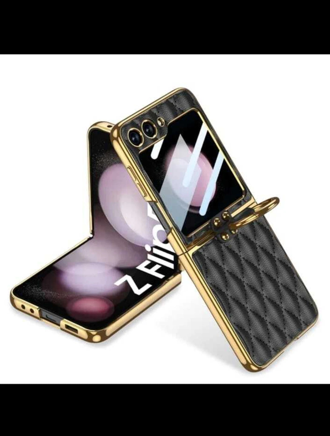 Samsung Galaxy Z Flip 5 Leather Case with Gold Ring Holder – Stylonic Premium Back Cover Slim Shockproof Protective Case