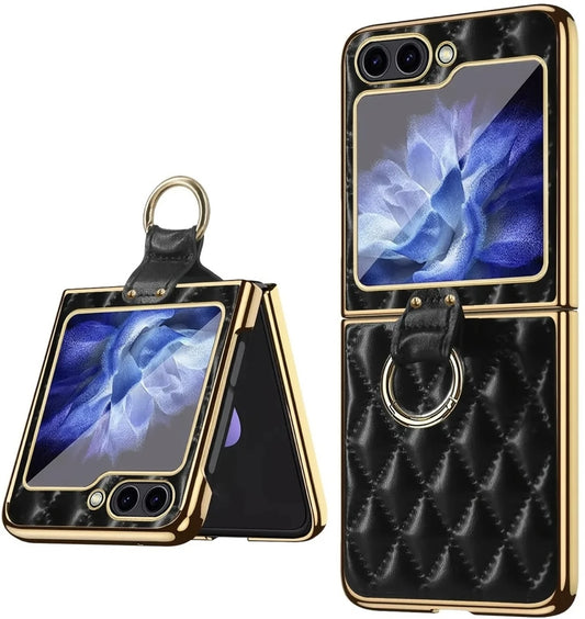 Samsung Galaxy Z Flip 5 Leather Case with Gold Ring Holder – Stylonic Premium Back Cover Slim Shockproof Protective Case